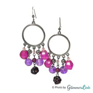Pink & Purple Chandelier Beaded Circle Gunmetal Dangle Earrings
